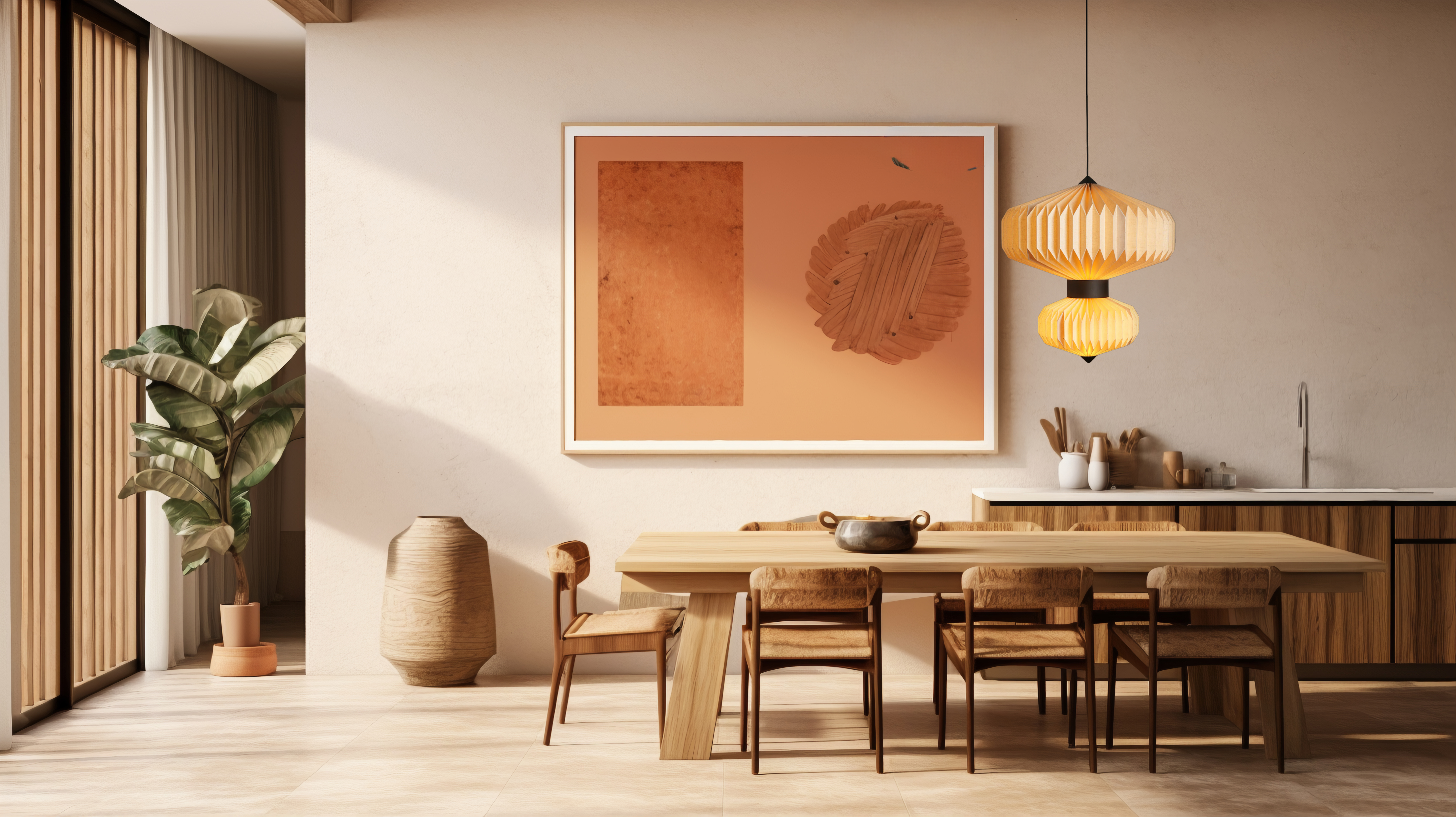 Modern kitchen with wooden dining table, chairs, and decorative elements.