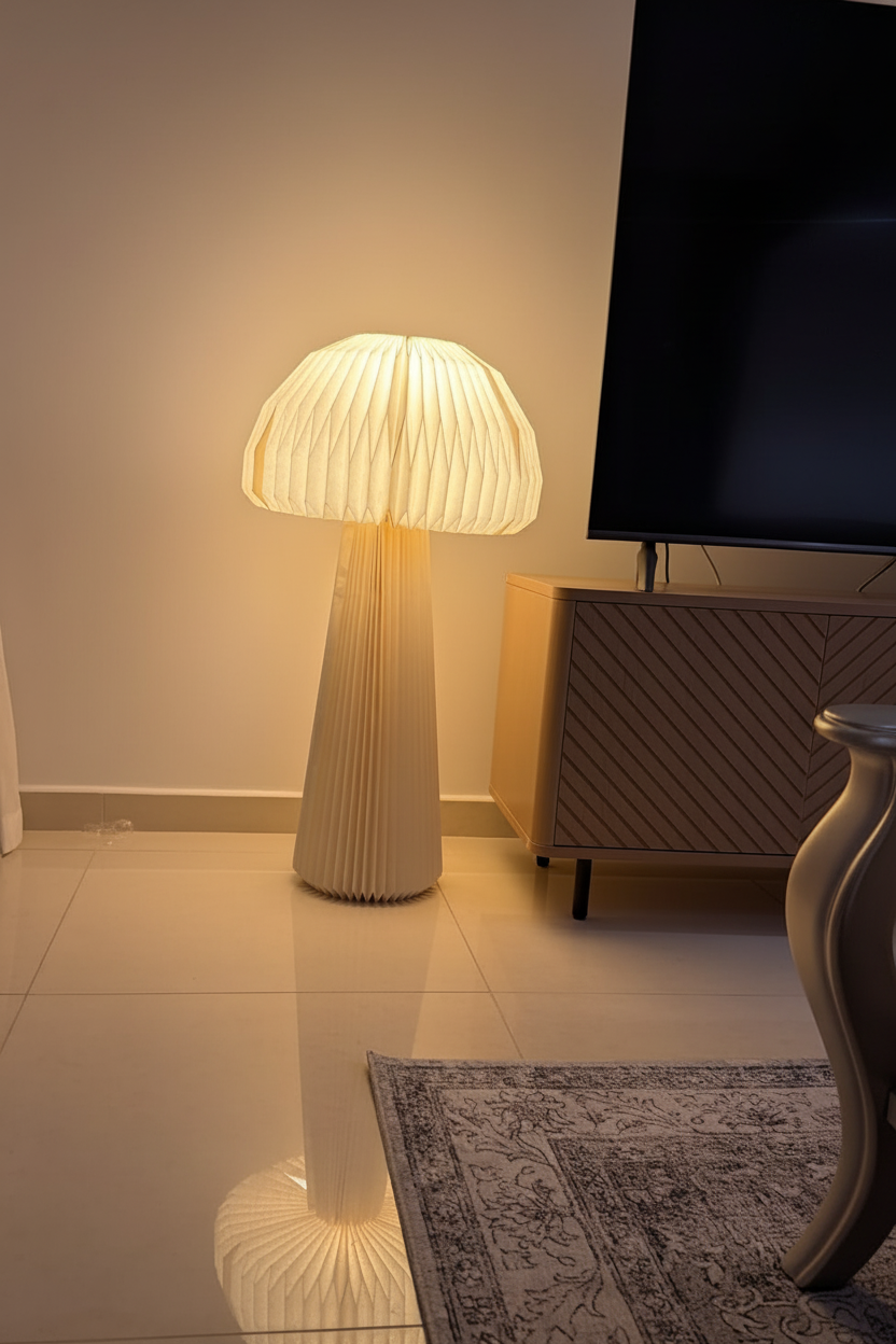 Oridome mushroom floor lamp glowing warmly in a living room beside a TV console, wiring removed
